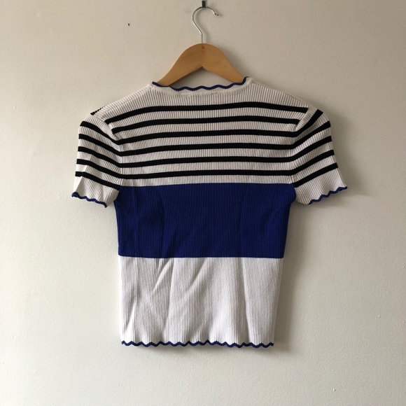 Zara Blue and White Ribbed Short Sleeve Sweater - Picture 2 of 3